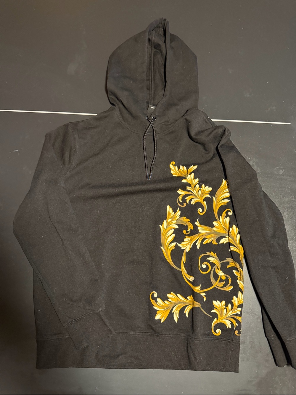 H&M Men's Black Hoodie Sweatshirt with Gold Baroque Print - Size M
